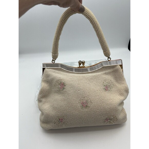 Vintage White Beaded Seed Pearl Pink Floral Purse Kiss Lock &‎ Lucite Trim Top - Picture 13 of 13